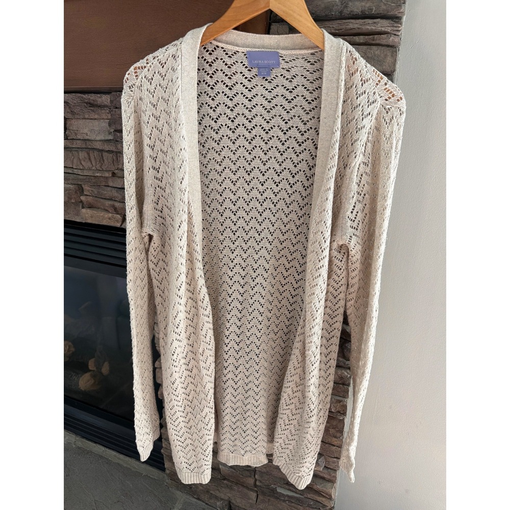 Vintage 90s Open Front Knit 100% Cotton Long Cardigan Pointelle M Cream Beige